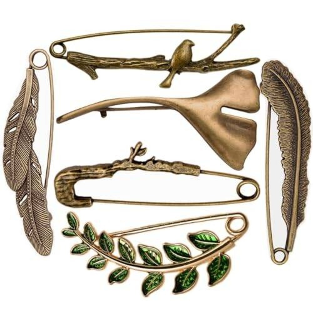 6pc Nature Brooch Set Antique Bronze Bird Ginkgo Leaf Feather Twig Safety Pins